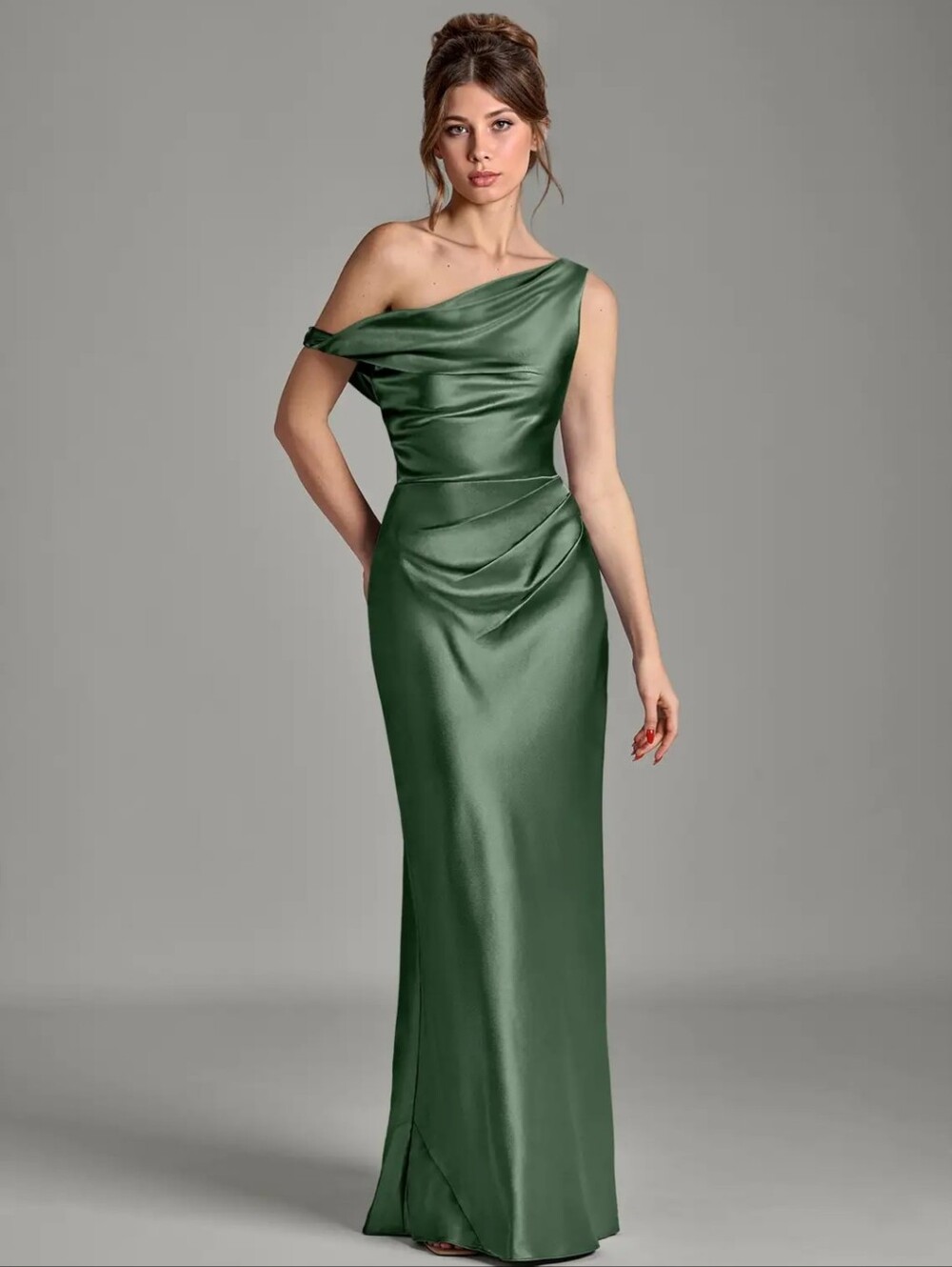 Azazie Emerson Womens Off the Shoulder Satin Dress Green Size 4 Bridesmaid Party